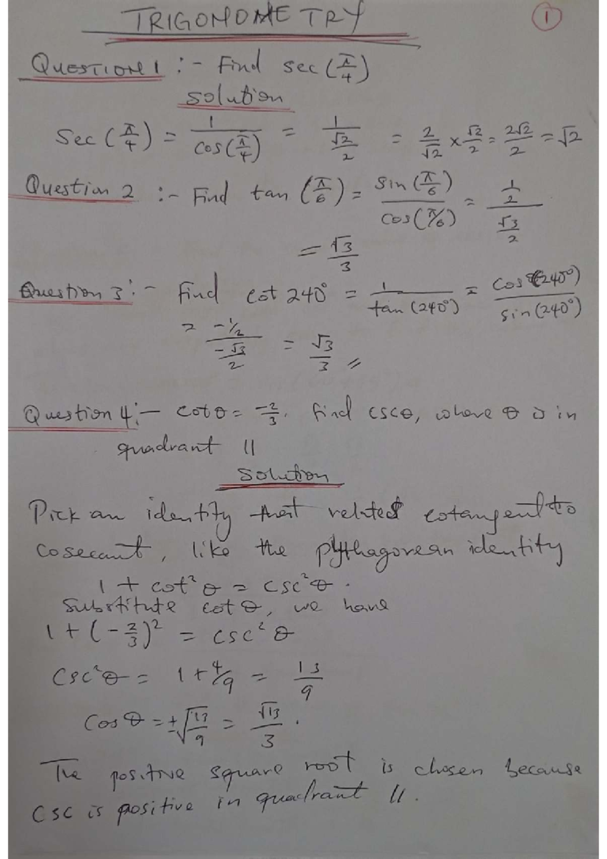 TRIG 101 Final Exam Solutions: Trigonometric Functions and Identities ...