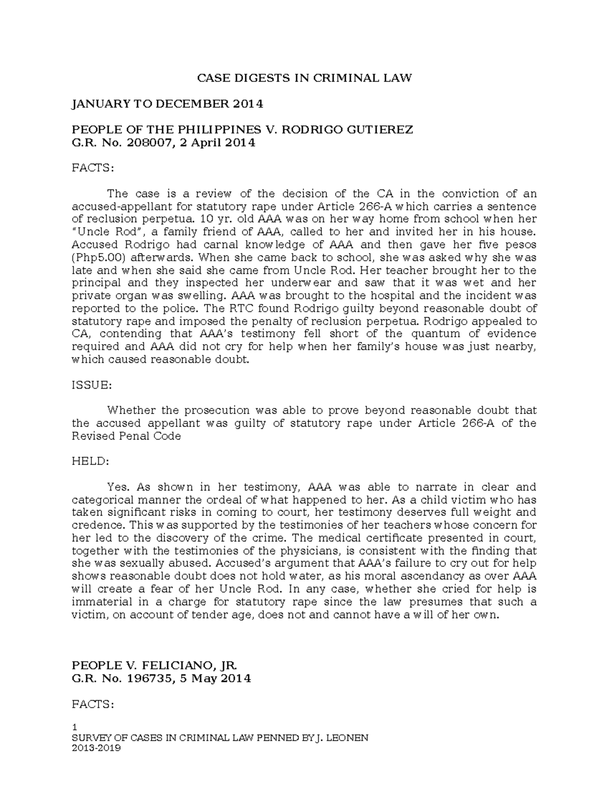Criminal Law Case Digests (2014-2016) with G.R. No. References - Studocu