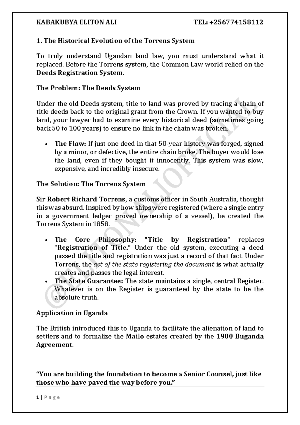 LAND LAW 2 Summary: The Evolution of the Torrens System in Uganda - Studocu