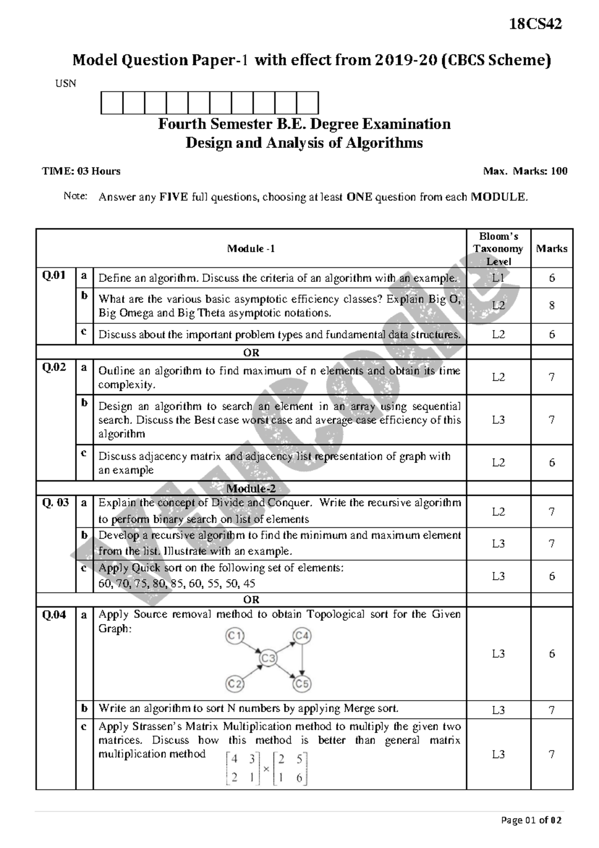 ADA 18CS42 Model Question Paper - Design & Analysis of Algorithms - Studocu