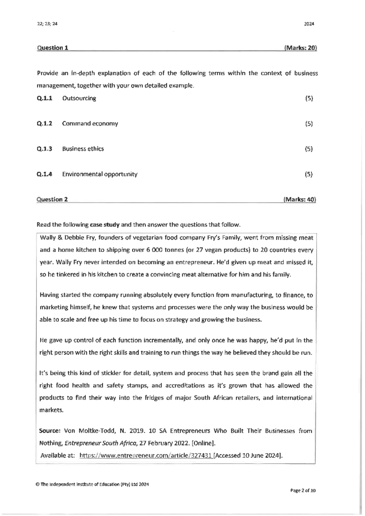 BMNG5121Ta 2024 Mid-Year Replacement Test: Business Management 1A - Studocu