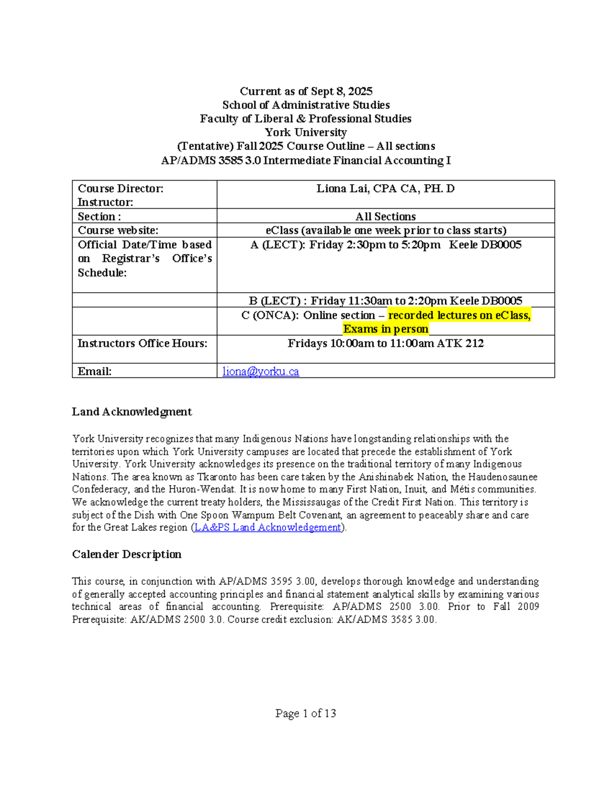 ADMS 3585 Fall 2025 Course Outline: Intermediate Financial Accounting I ...