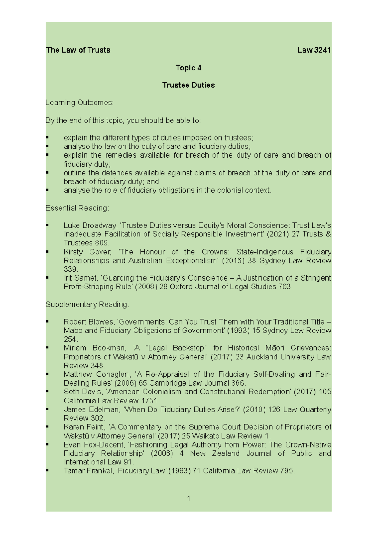 Law of Trusts 3241: Trustee Duties and Fiduciary Obligations Notes ...