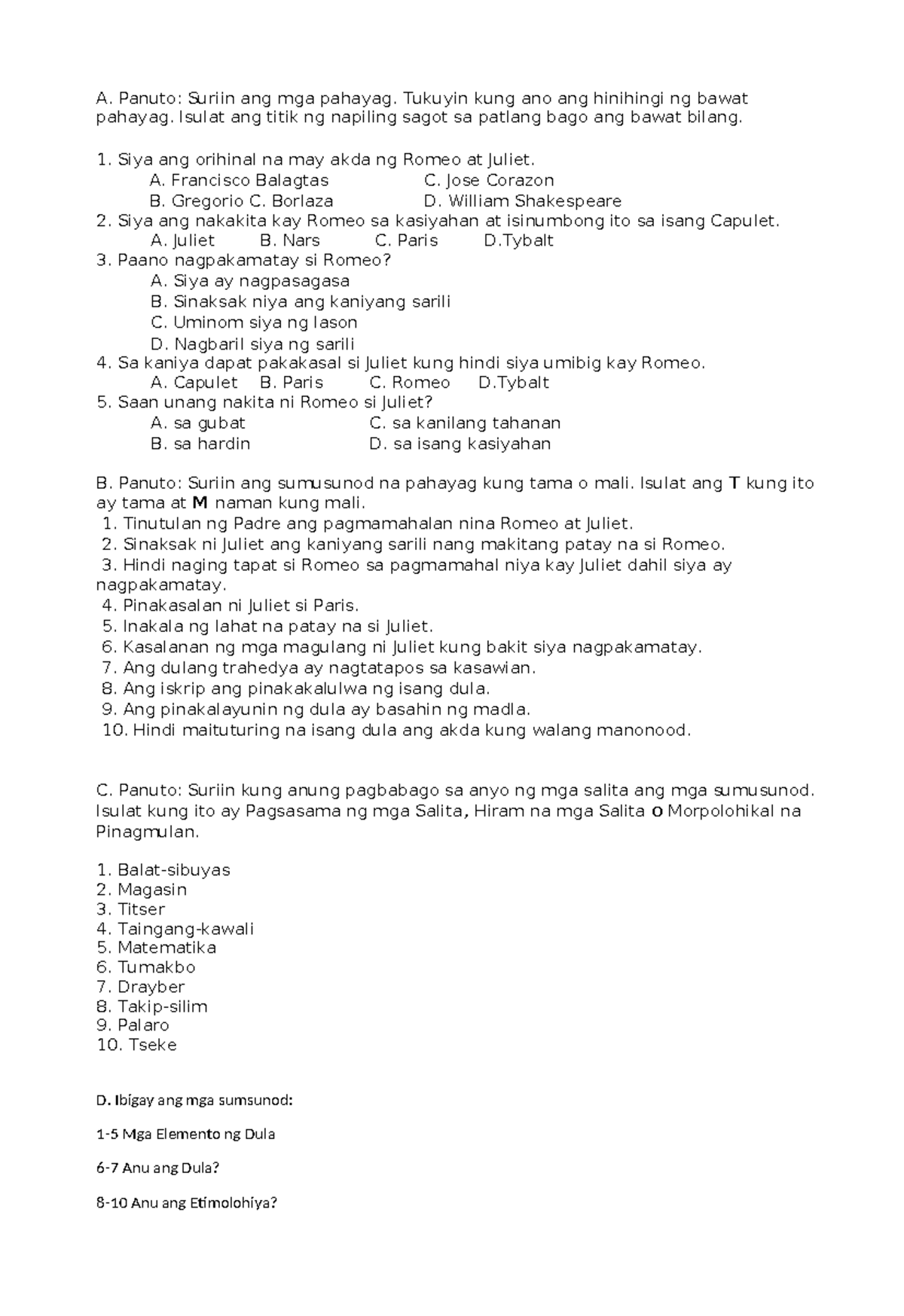 Quiz on Romeo and Juliet (ENG 101) - Exam Review and Analysis - Studocu
