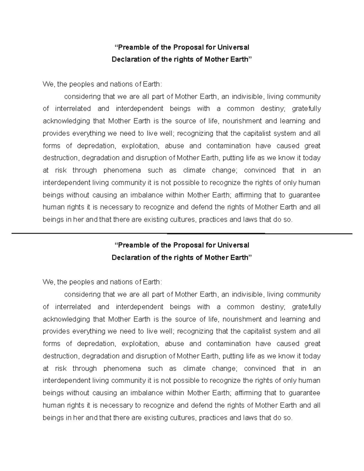 Preamble of the Universal Declaration of Rights of Mother Earth - Notes ...