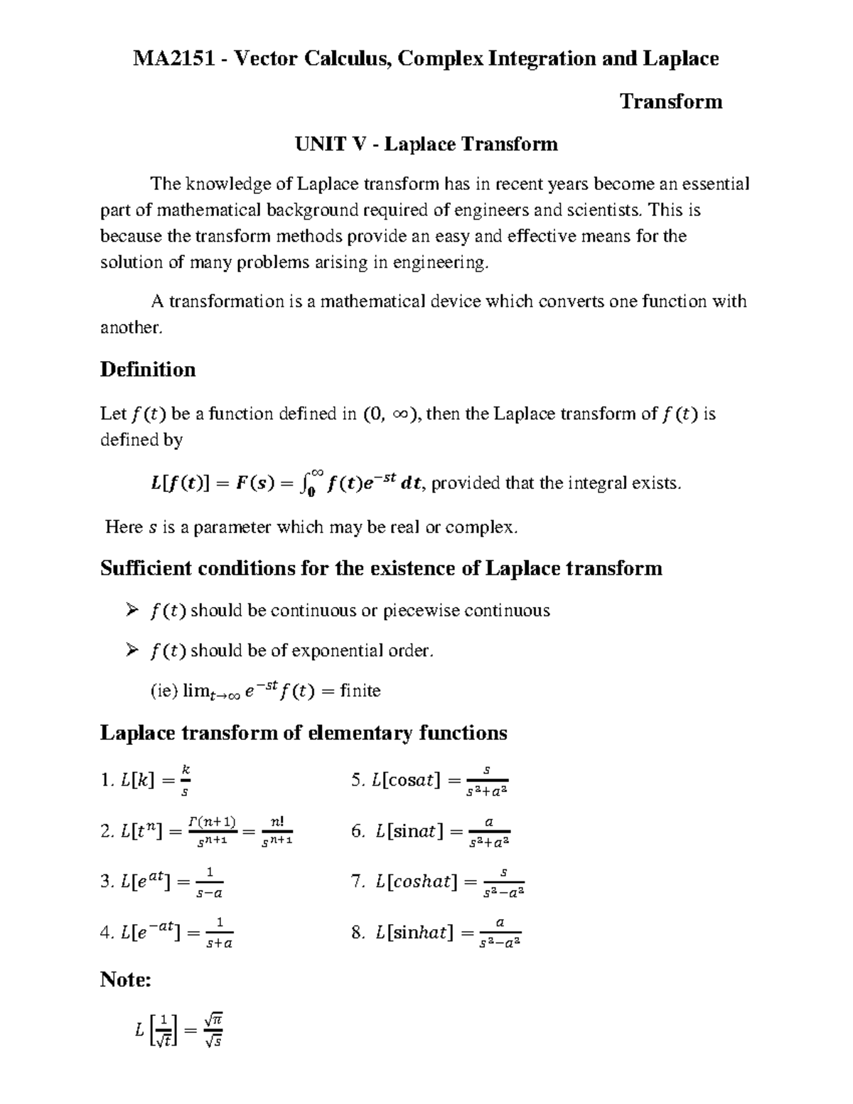 MA2151 Final Exam Notes: Laplace Transform Concepts and Problems - Studocu