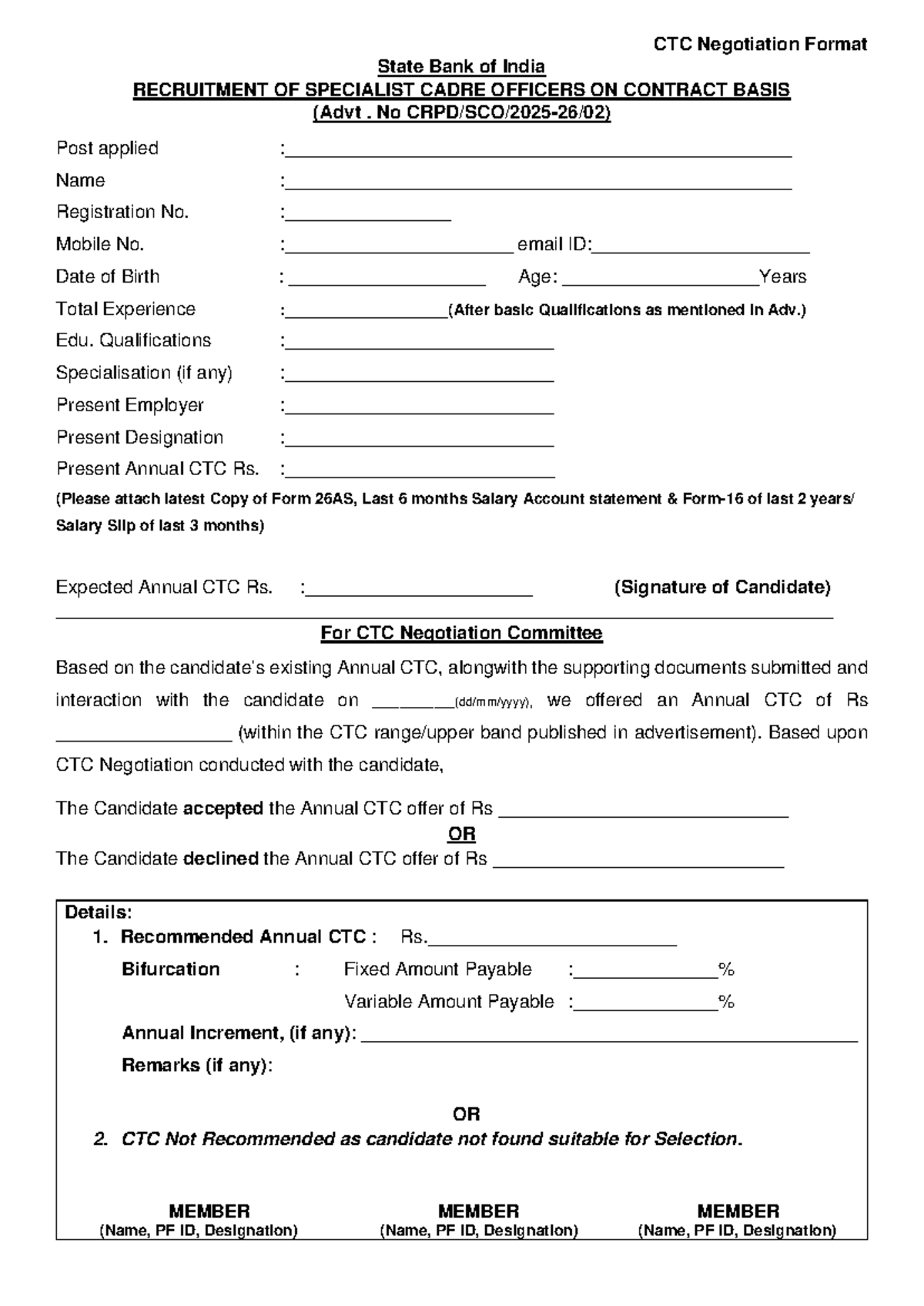 Revised CTC Negotiation Form for SCO 02 - State Bank of India - Studocu