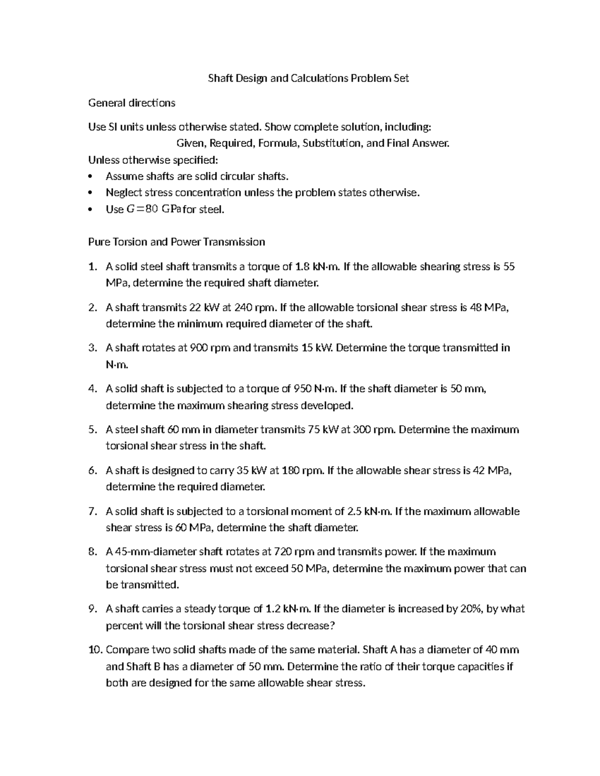 Shaft Design Calculations Problem Set (ENGR 101) - Studocu