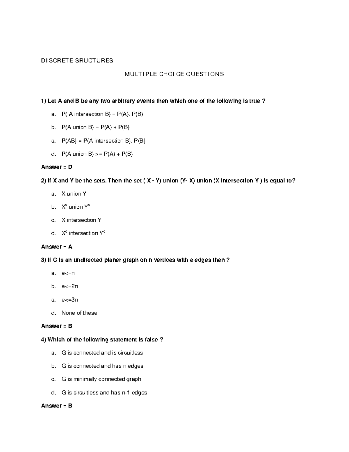 Discrete Structures MCQ Question Set for CS101 - Studocu