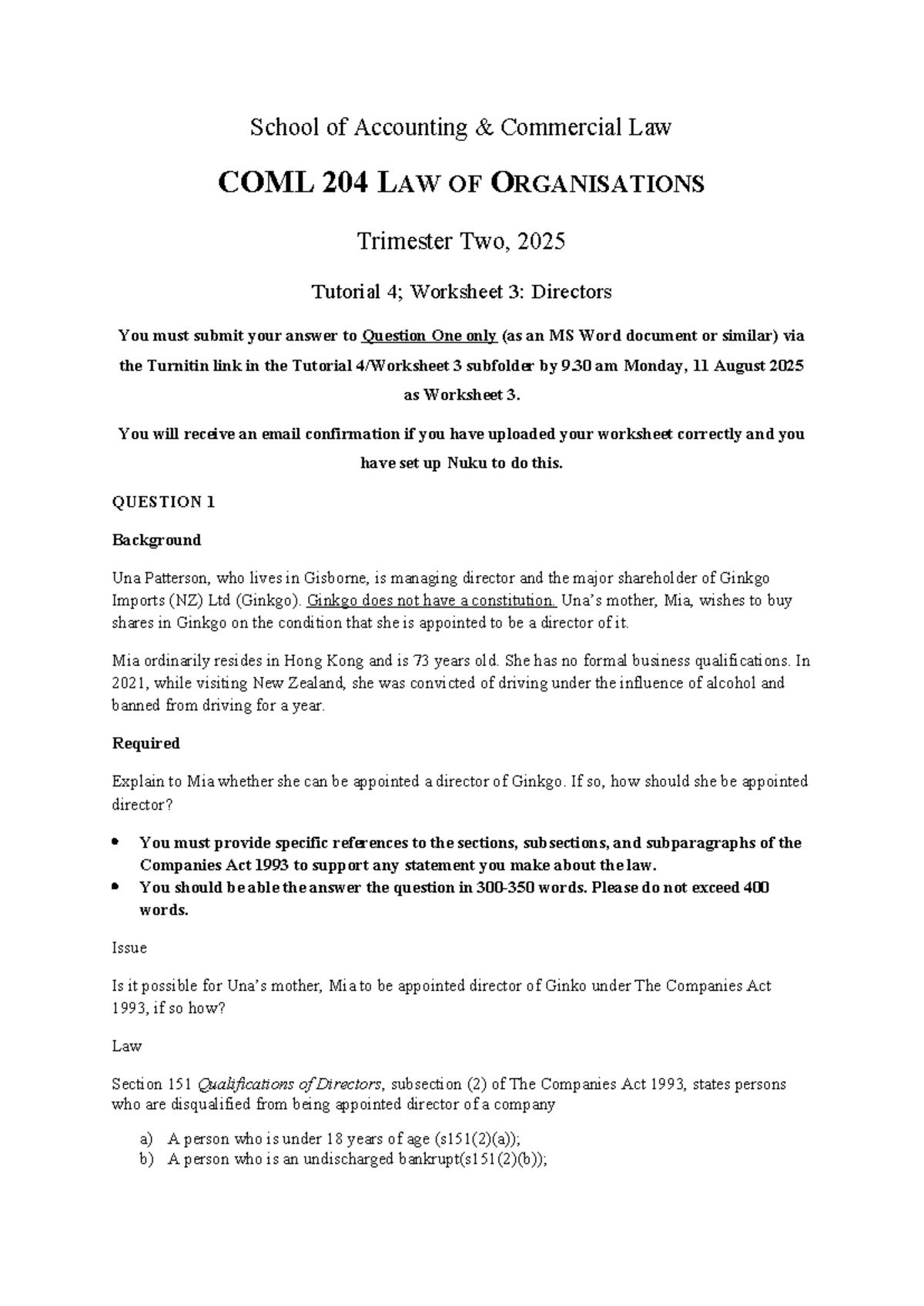 COML 204 Tutorial 3 Worksheet: Directors and Companies Act 1993 - Studocu