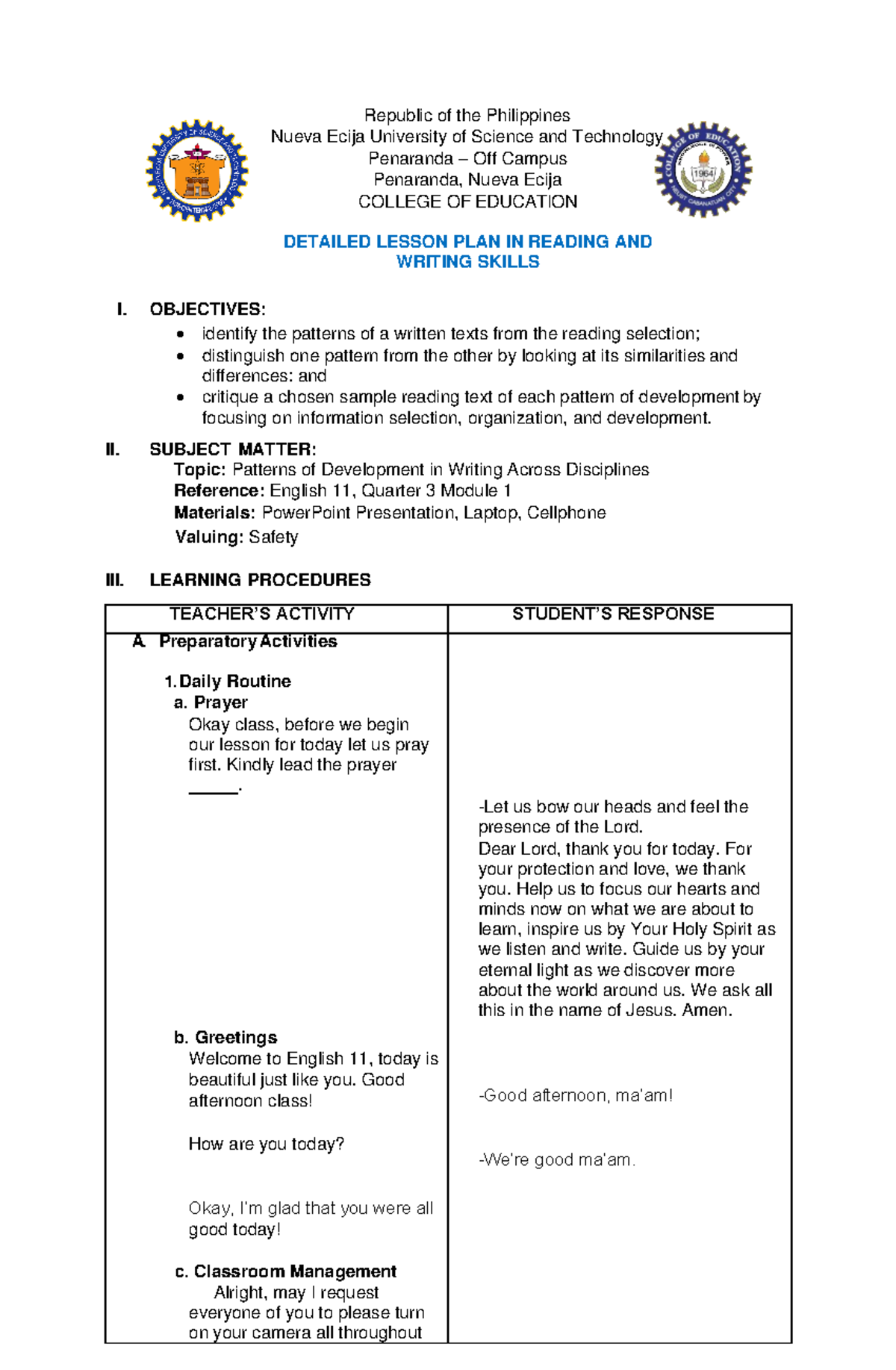 Detailed Lesson Plan in Reading and Writing Skills (ENG 11) - Studocu