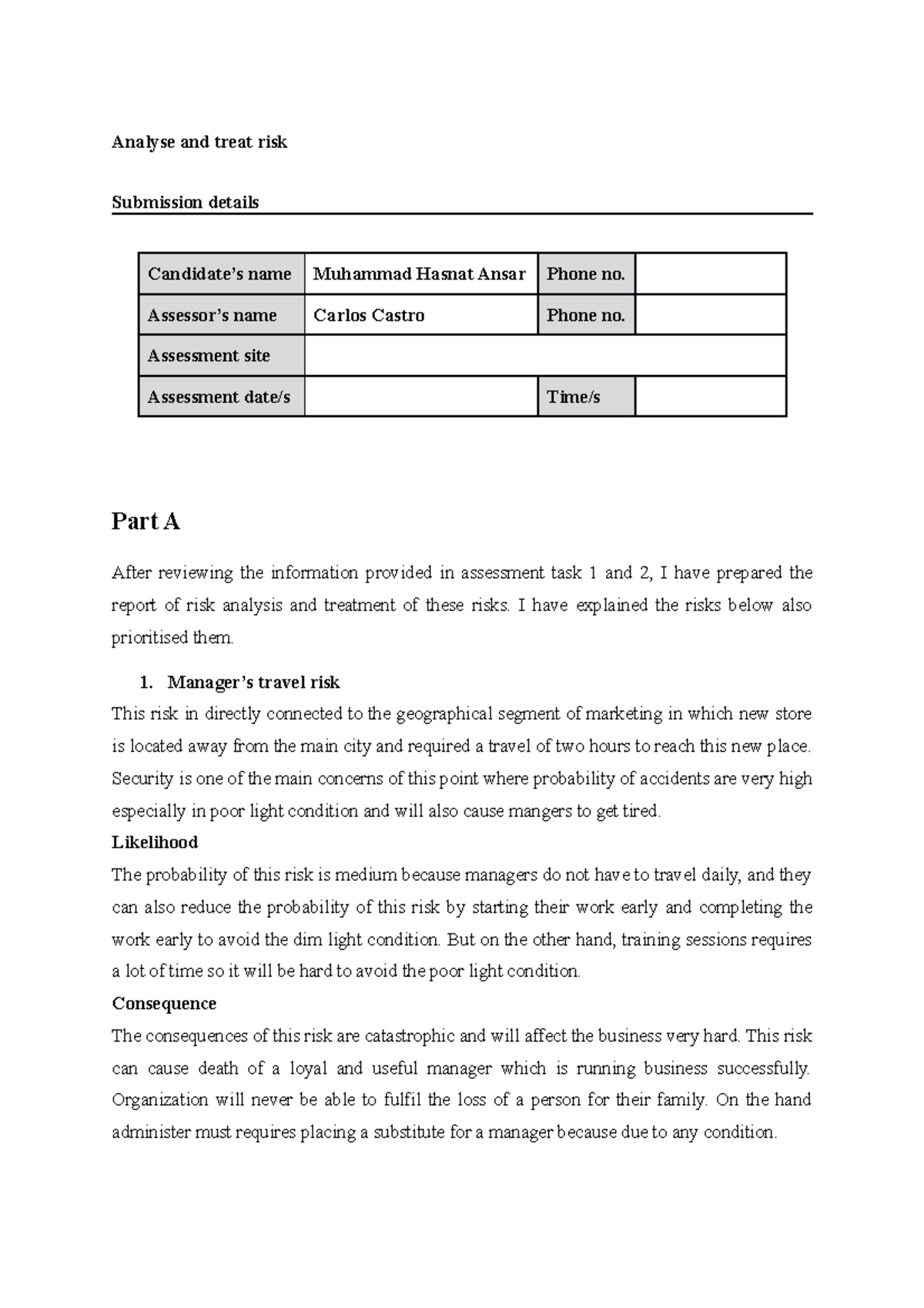 A2 Risk Analysis & Treatment Report - Business Management - Studocu