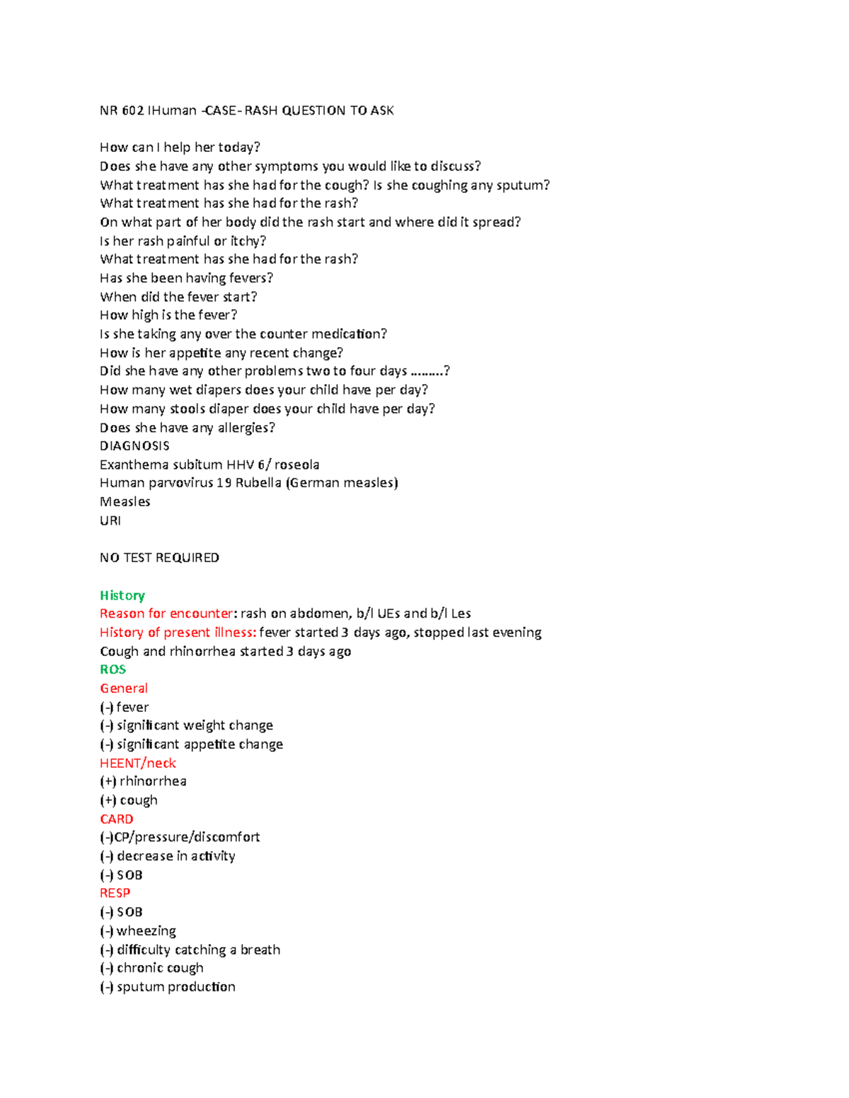 NR602 IHuman - Week 6 Case Study Notes on Rash & Symptoms - Studocu