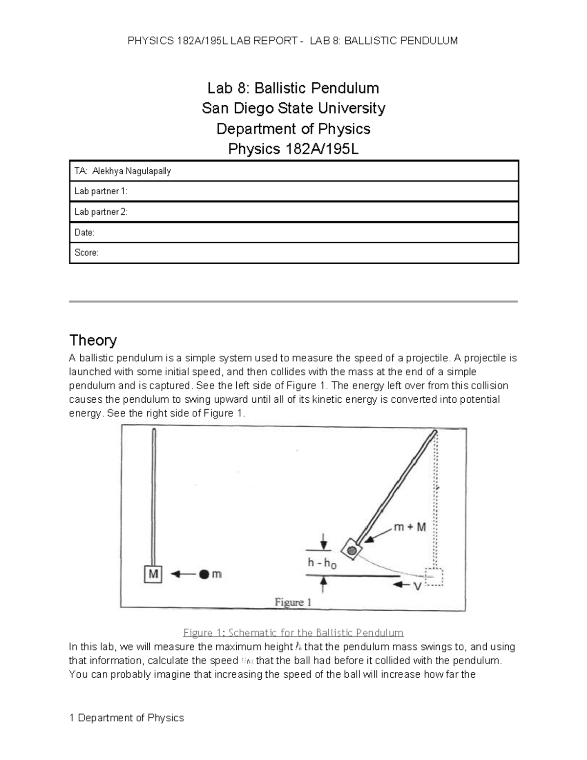 PHYS182A Lab Report: Ballistic Pendulum Experiment Analysis - Studocu