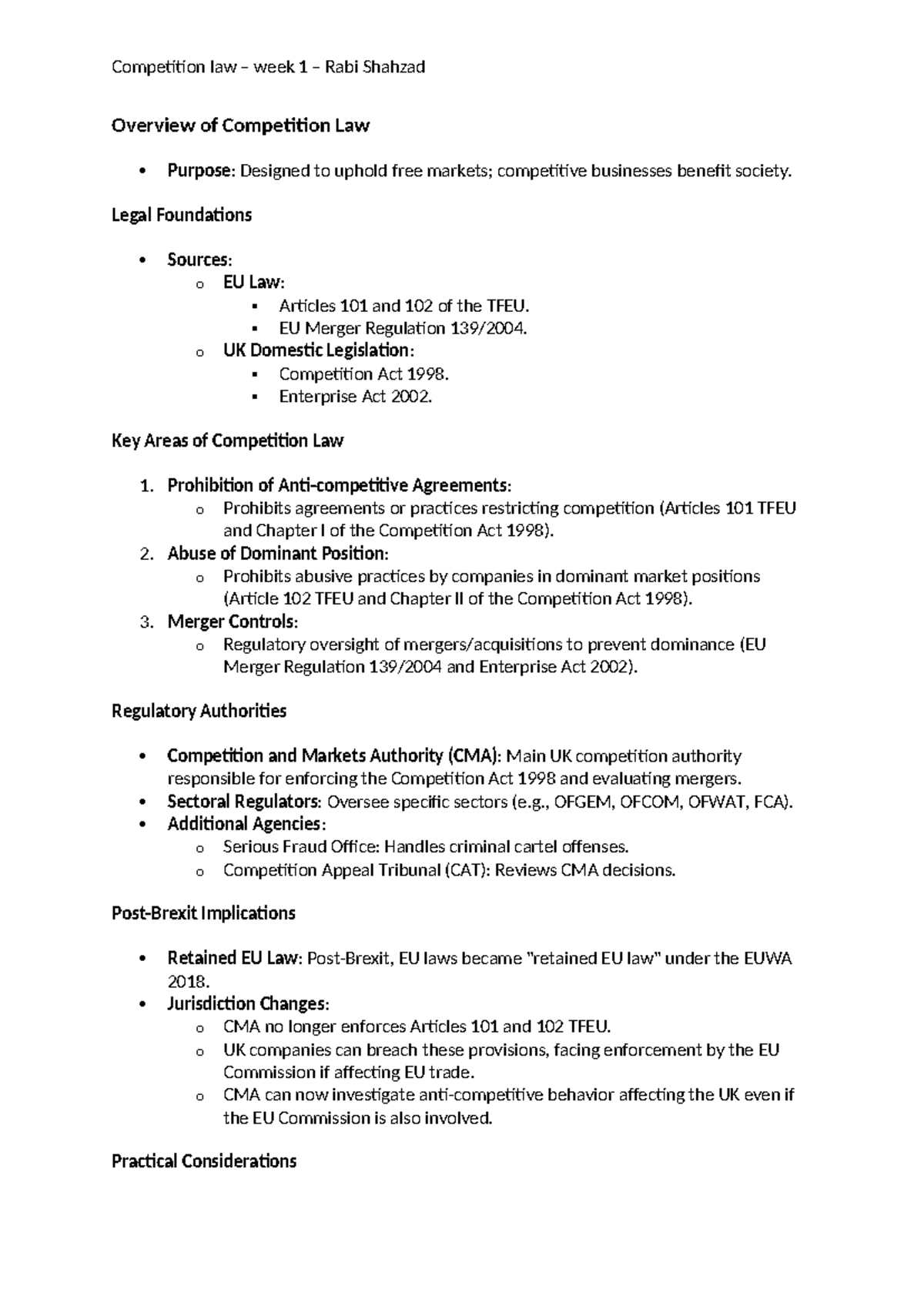 Competition Law Week 1 Overview: Key Concepts and Legal Foundations ...