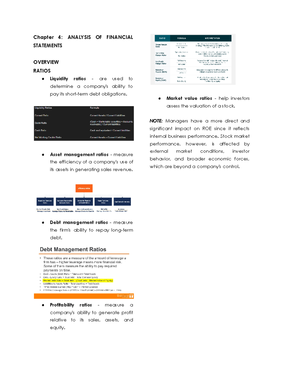 FIN 301: Financial Management Notes on Financial Ratios Analysis - Studocu