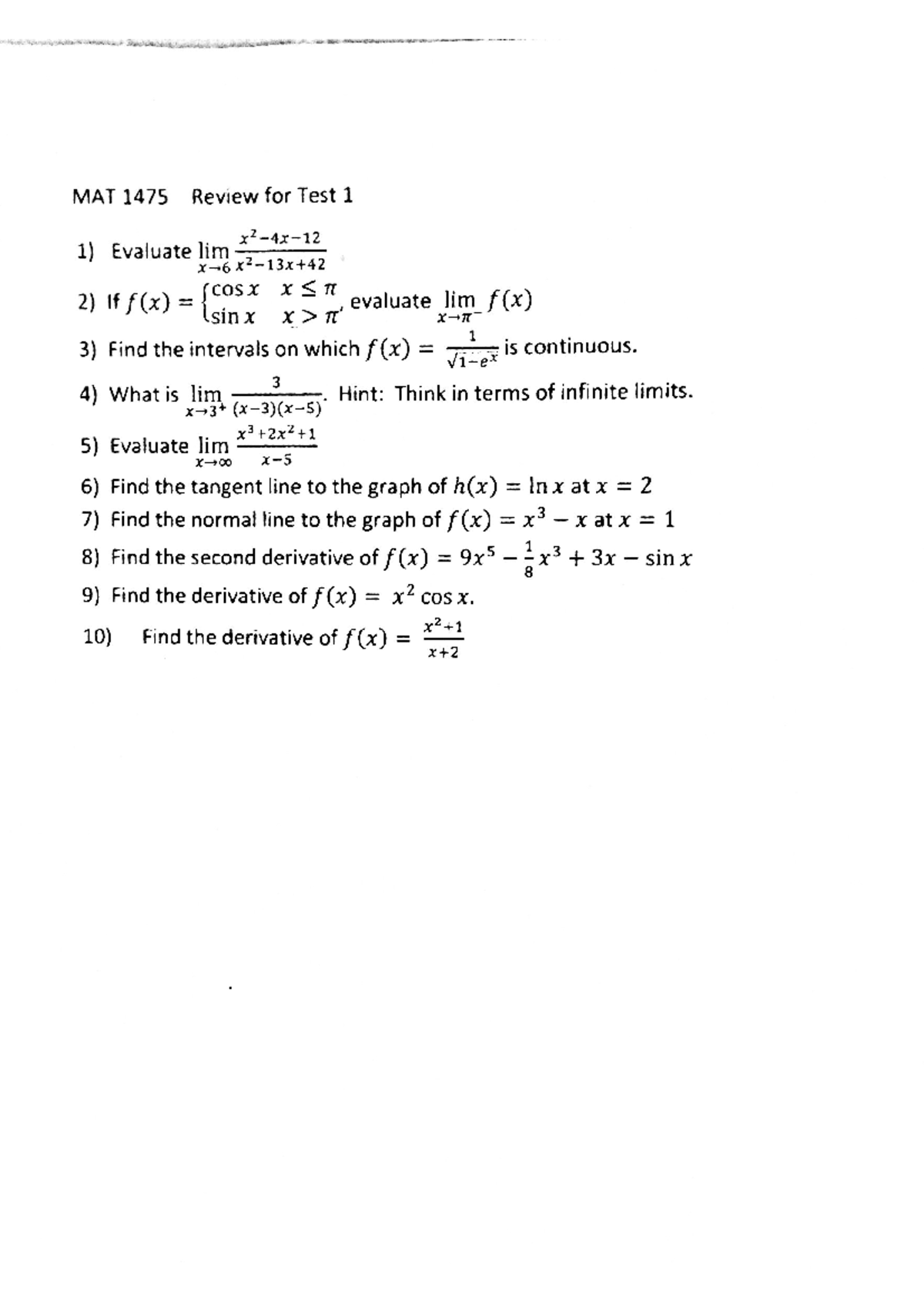 MAT 1475 Test 1 Review: Concepts and Problems Explained - Studocu