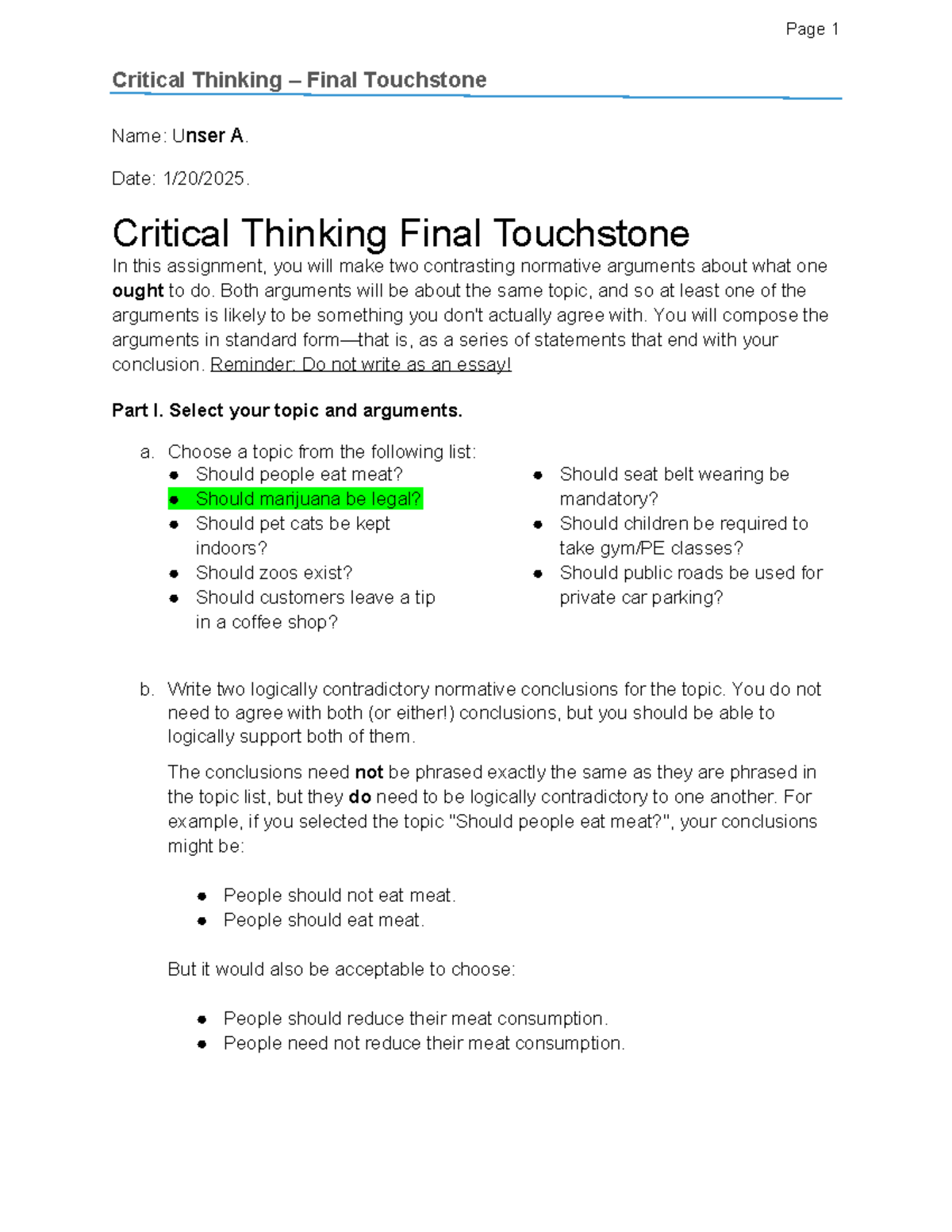 Critical Thinking Touchstone 4 Template DONE - Critical Thinking ...
