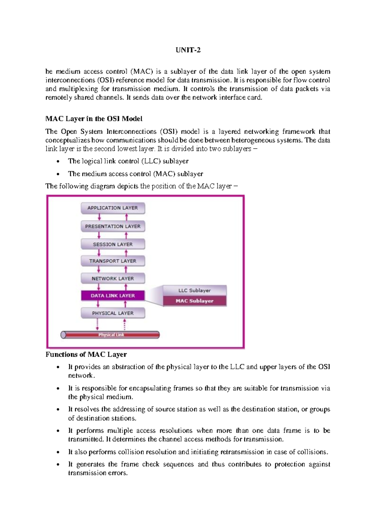 Computer-Network-1 - Unit 2: MAC Layer and Access Protocols Notes - Studocu