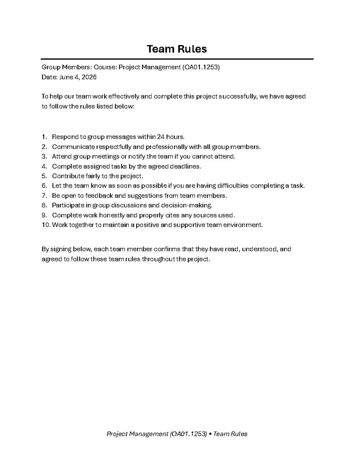 Project Management (OA01.1253) Team House Rules and Guidelines - Studocu