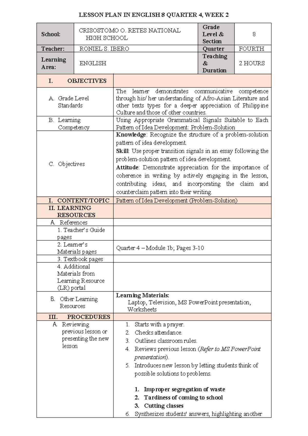 Grade 8 LP (Problem-Solution) - LESSON PLAN IN ENGLISH 8 QUARTER 4 ...
