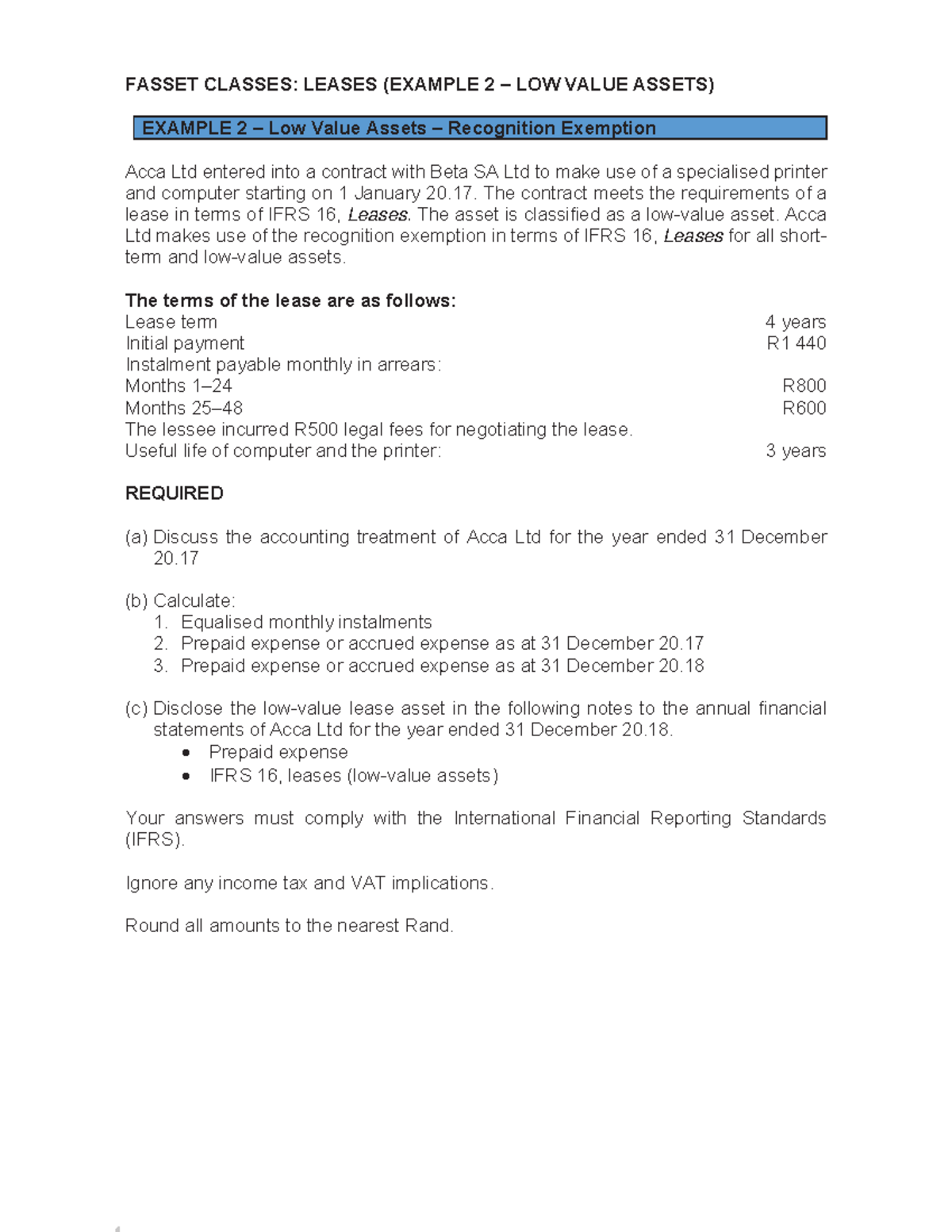 FASSET CLASSES: LEASES (IFRS 16) - ACCA EXAMPLE 2 LOW VALUE ASSETS ...