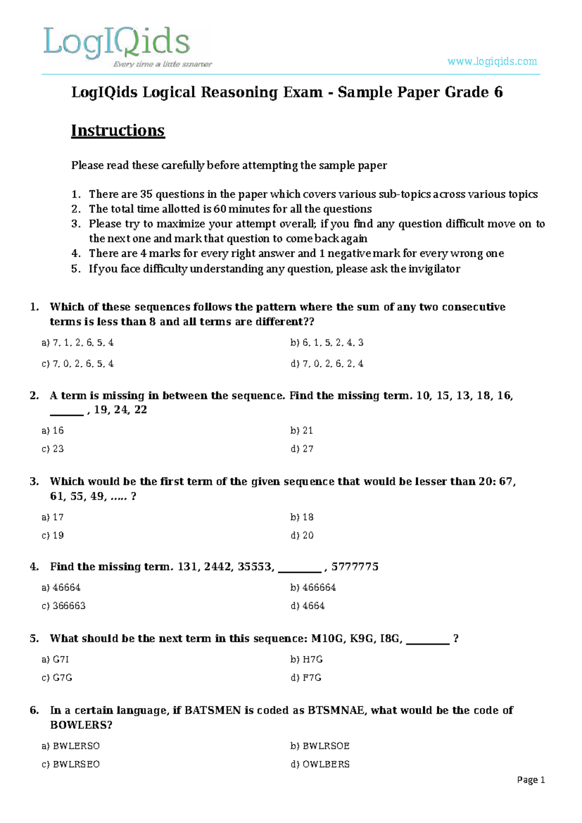 LogIQids Grade 6 Logical Reasoning Exam Sample Paper - Studocu