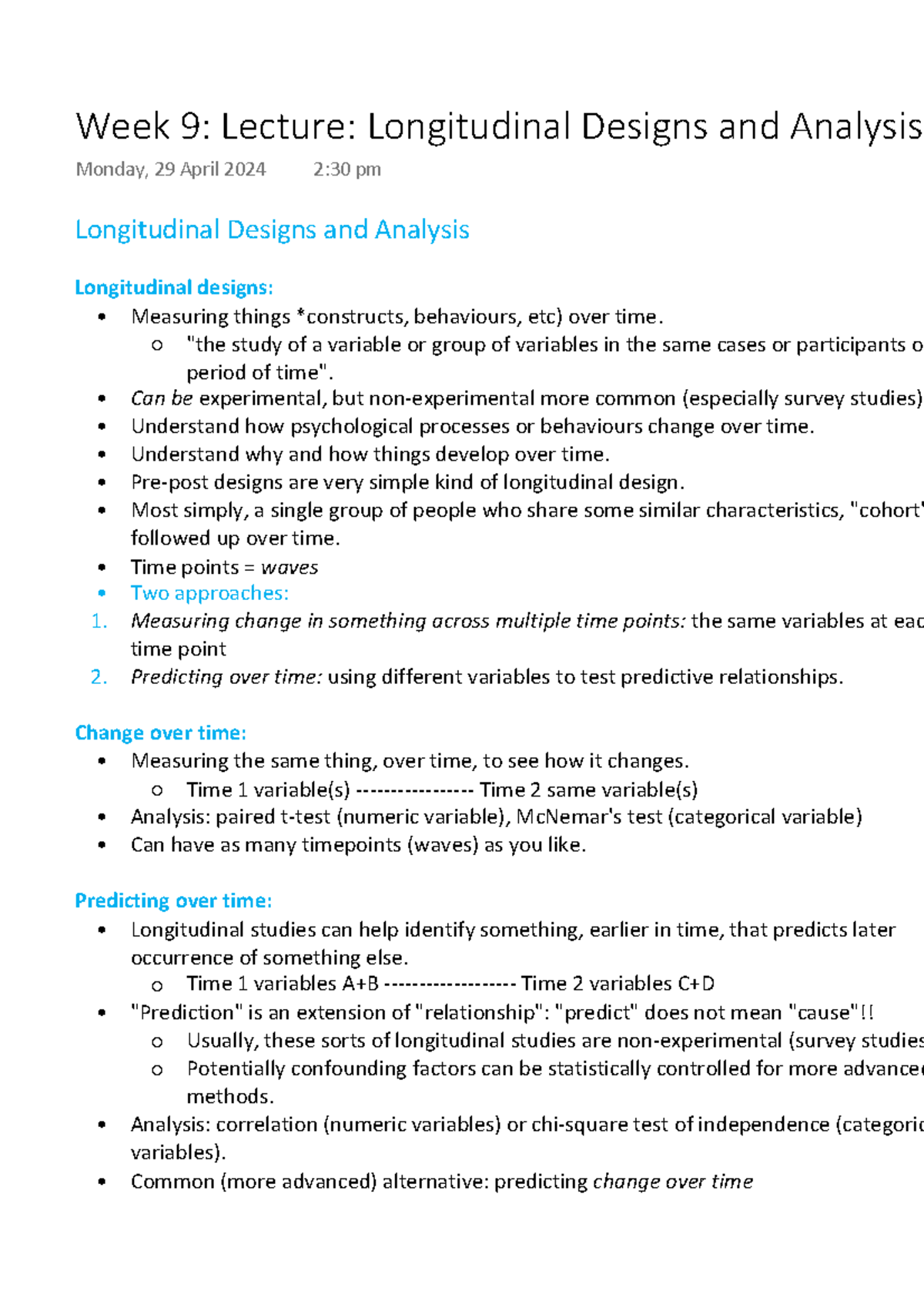 Week 9: Lecture on Longitudinal Designs & Analysis (Psych 101) - Studocu
