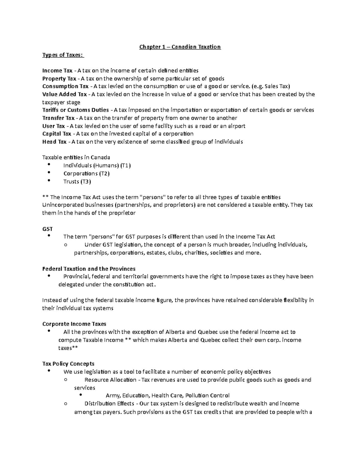 Chapter 1 - Canadian Taxation: Overview of Taxes & Taxable Entities ...