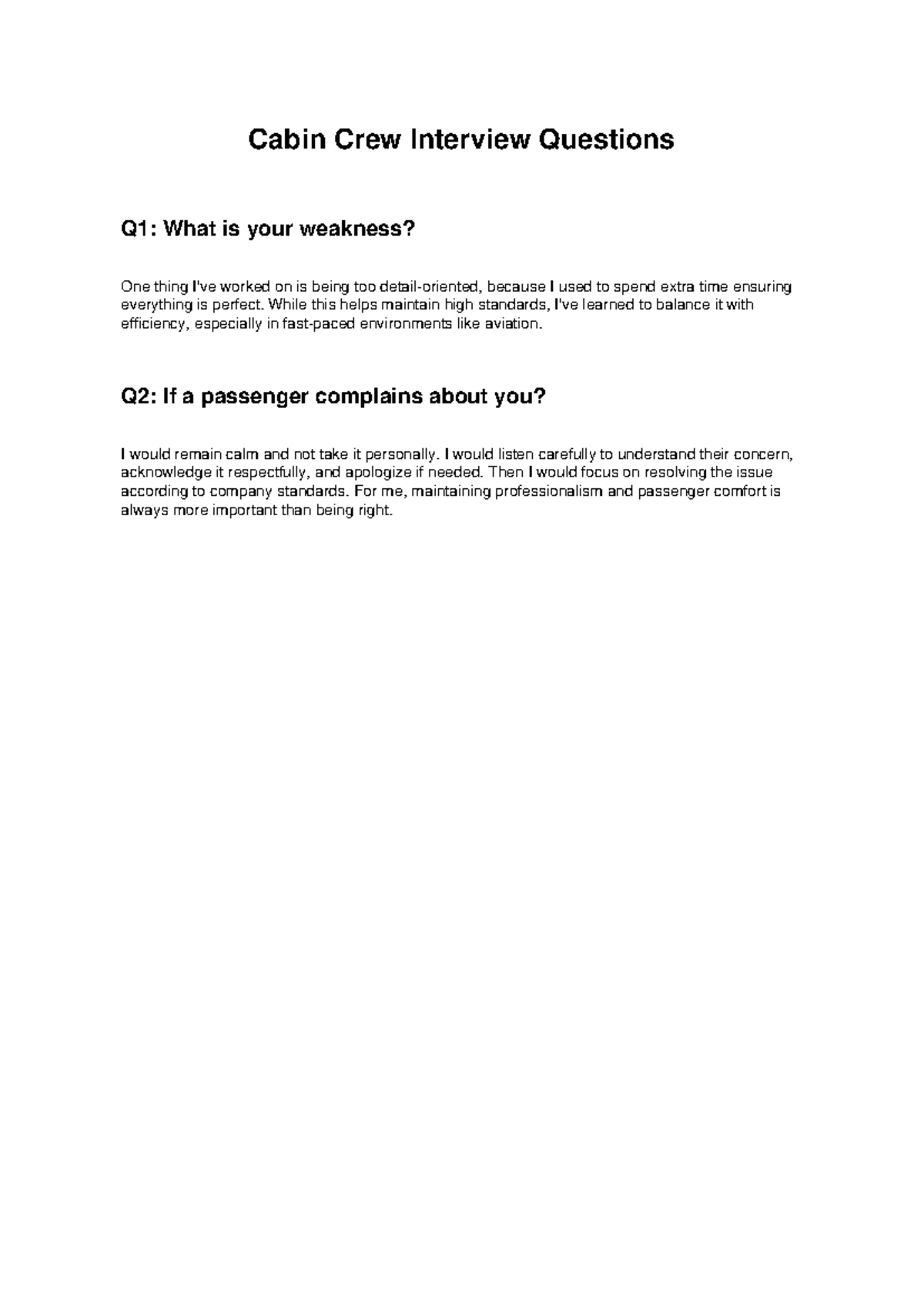 Cabin Crew Interview Questions & Answers Guide - Studocu