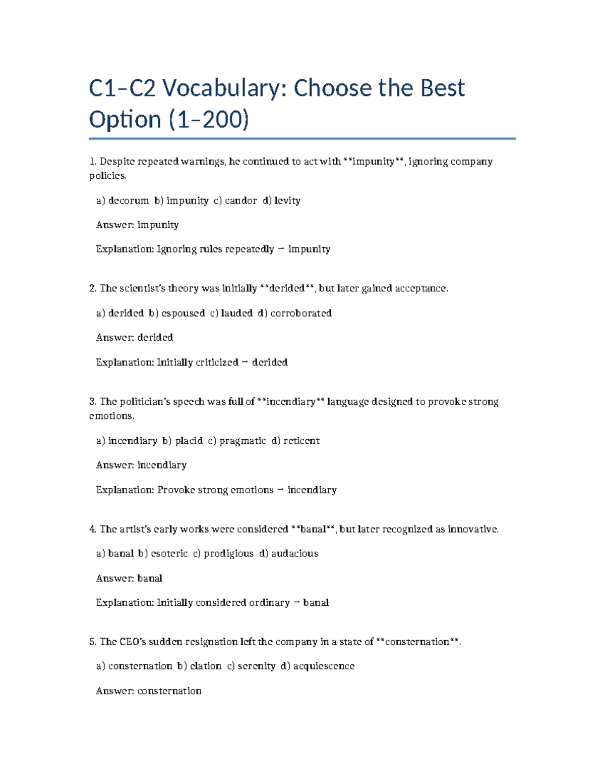 C1 C2 Vocabulary Quiz: Choose the Best Option (200 Questions) - Studocu