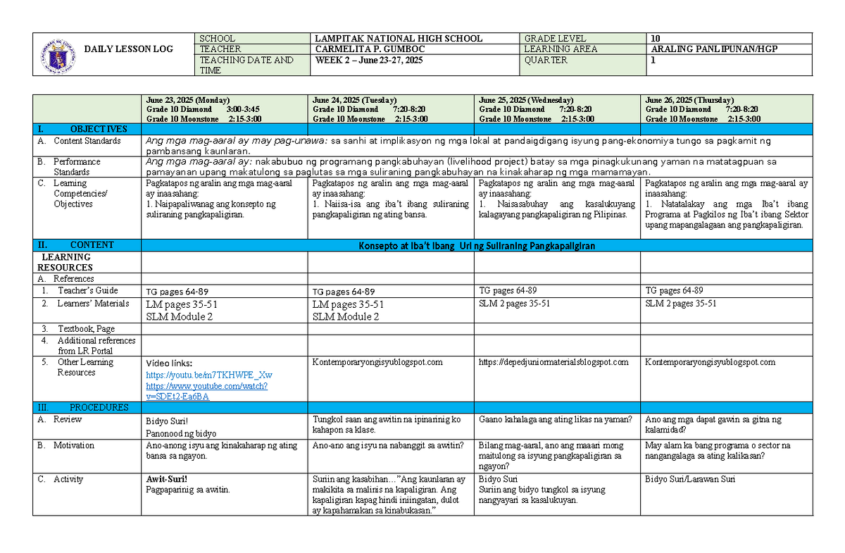 Q1 Week 2 Daily Lesson Plan for AP10: Environmental Issues and ...
