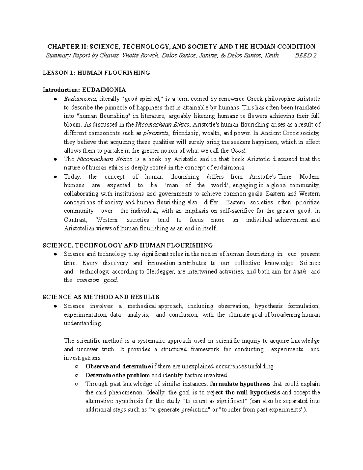 BEED 2 CHAPTER II: Science, Technology, and Human Flourishing Summary ...