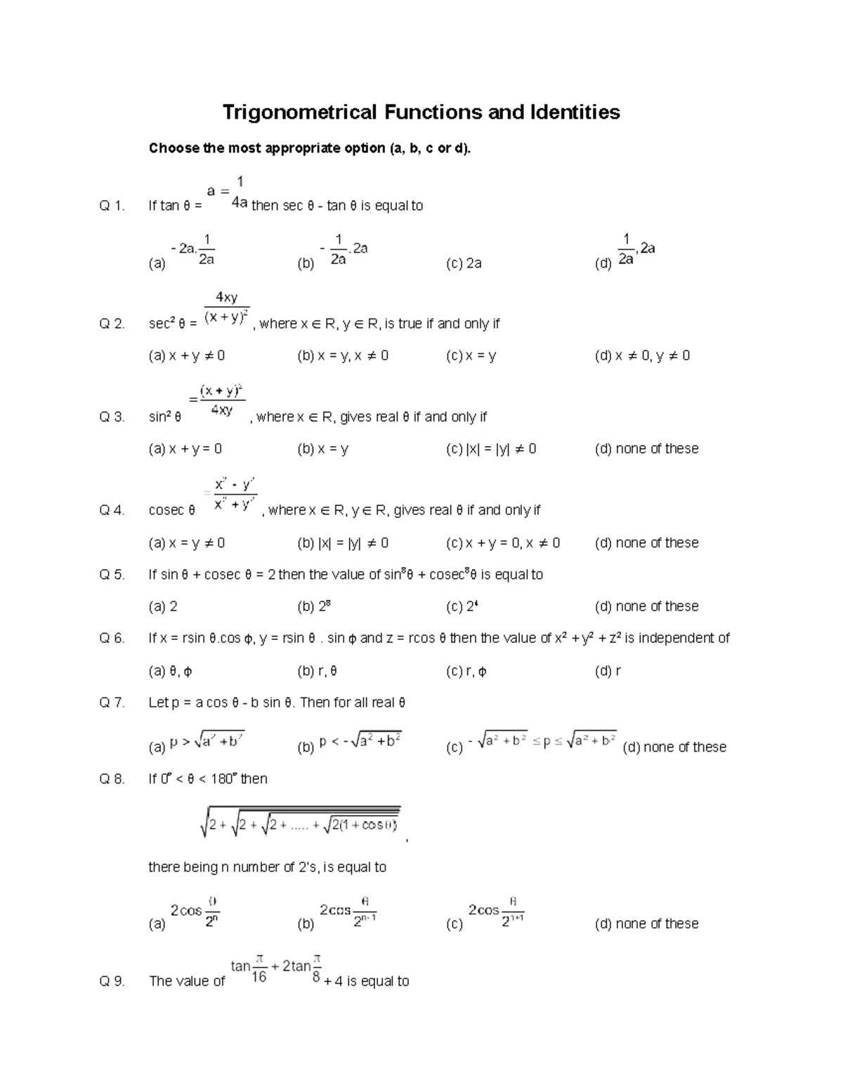 01 Trigonometrical Functions and Identities - Quiz Questions and ...