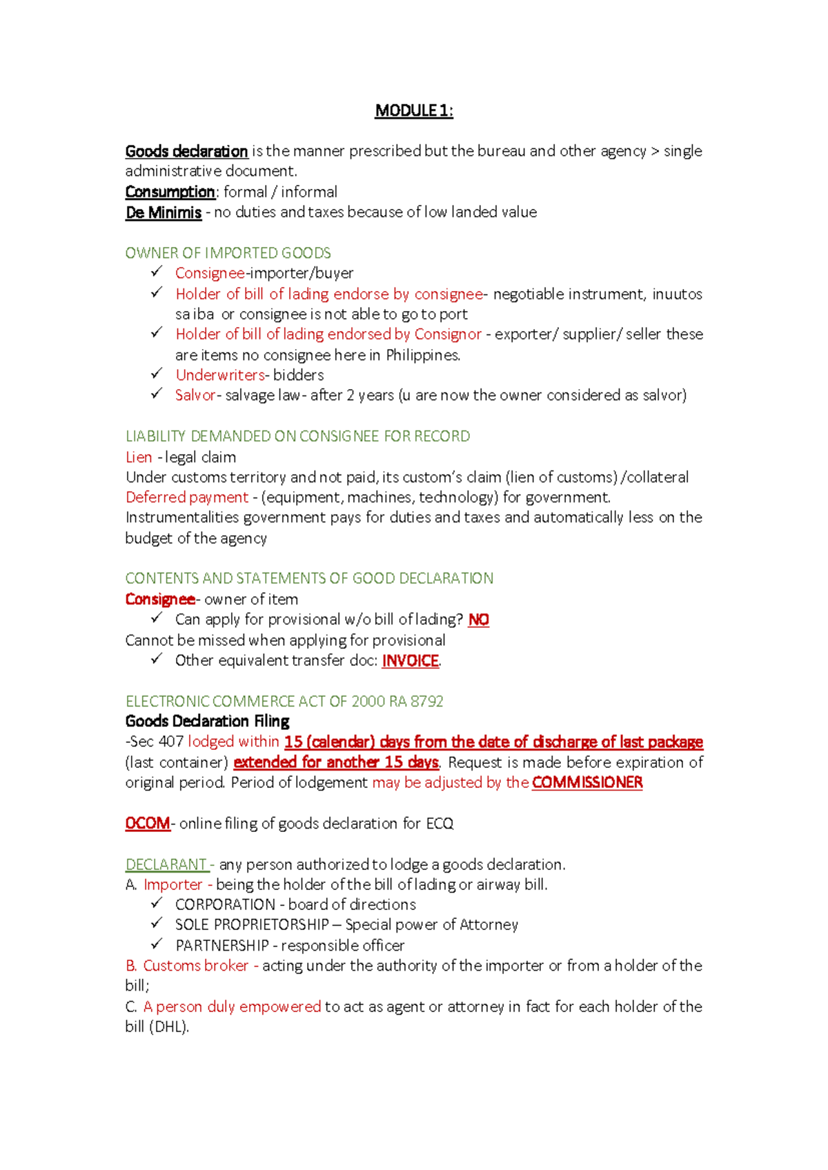 CC Customs Declaration Review Notes for Module 1 & Quizzes - Studocu