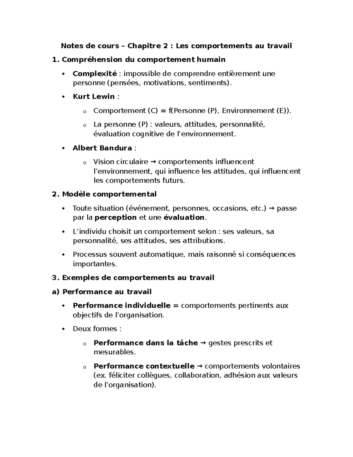 Notes de cours RH - Chapitre 2 : Comportements au travail et ...