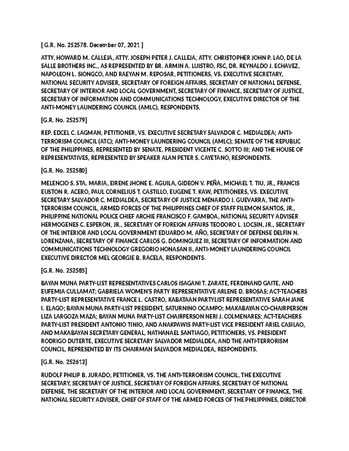 Calleja vs. Executive Secretary: G.R. No. 252578 Case Analysis - Studocu