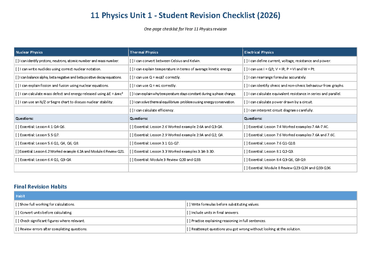 11 Physics Unit 1 - Student Revision Checklist (2026) - Studocu