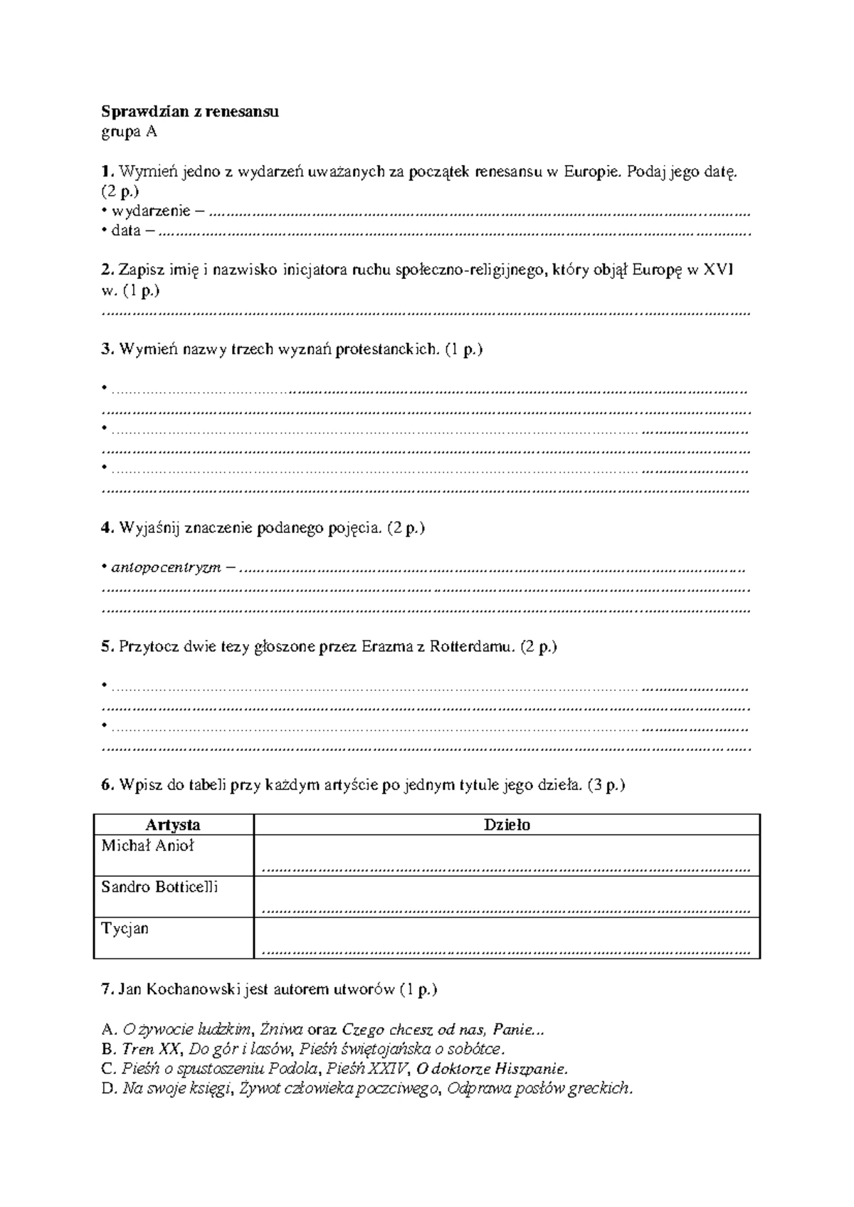 Renesans - sprawdzian - Opracowanie pytań sprawdzian – renesans 1