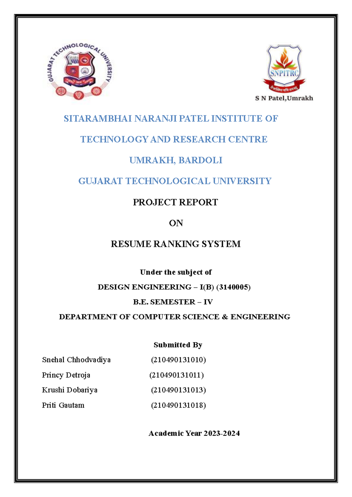 Project Report on Resume Ranking System for DE I(B) B.E. Sem IV - Studocu