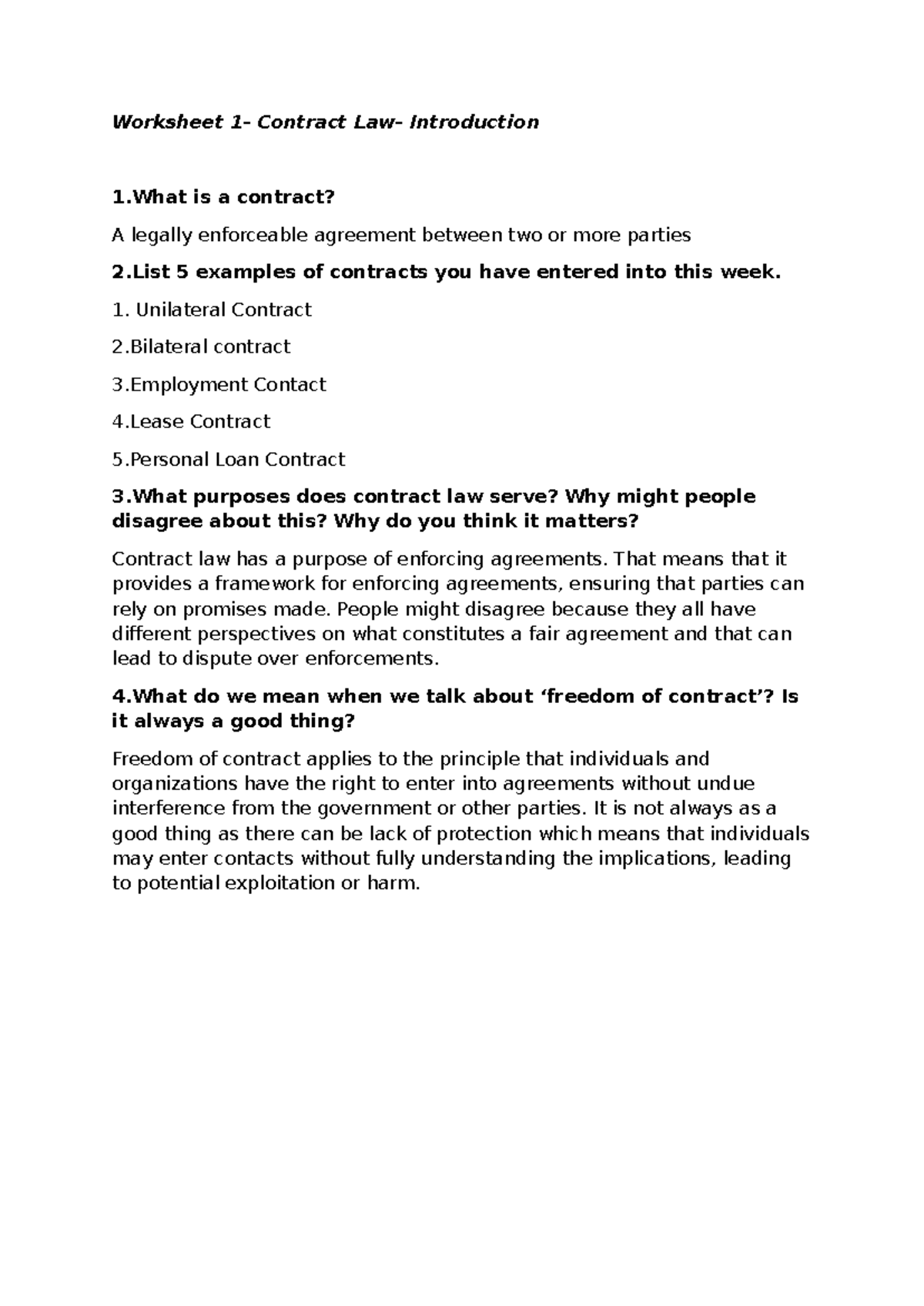 Contract Law Worksheet: Understanding Contracts and Their Implications ...