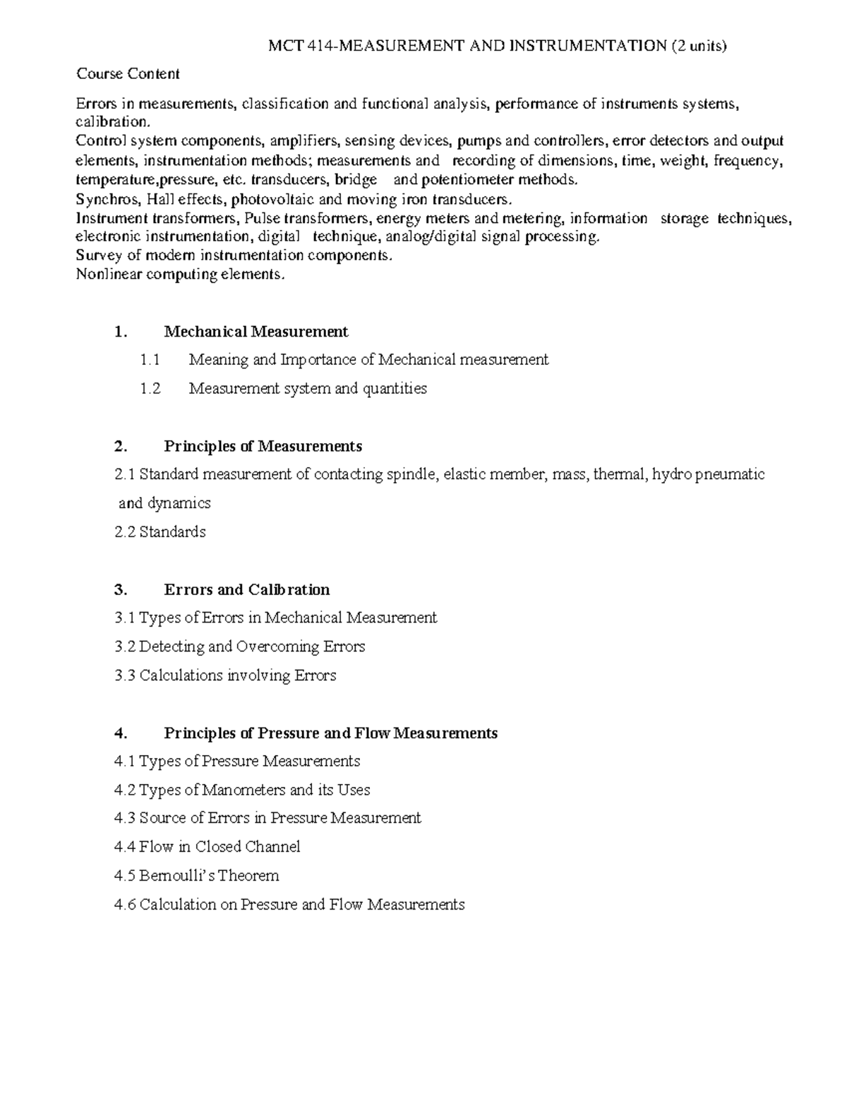 Mechanical Measurements and Instruments (MCT 2 Units) - Studocu