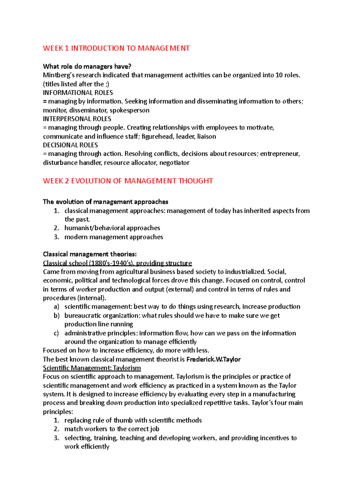 MGT 101: Lecture Notes on Management - First Half of Term Overview ...