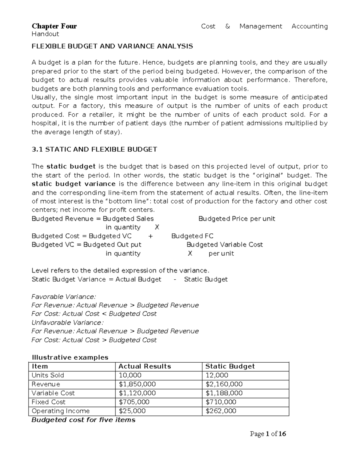 Chapter 4 Handout: Cost Management Accounting - Flexible Budget ...