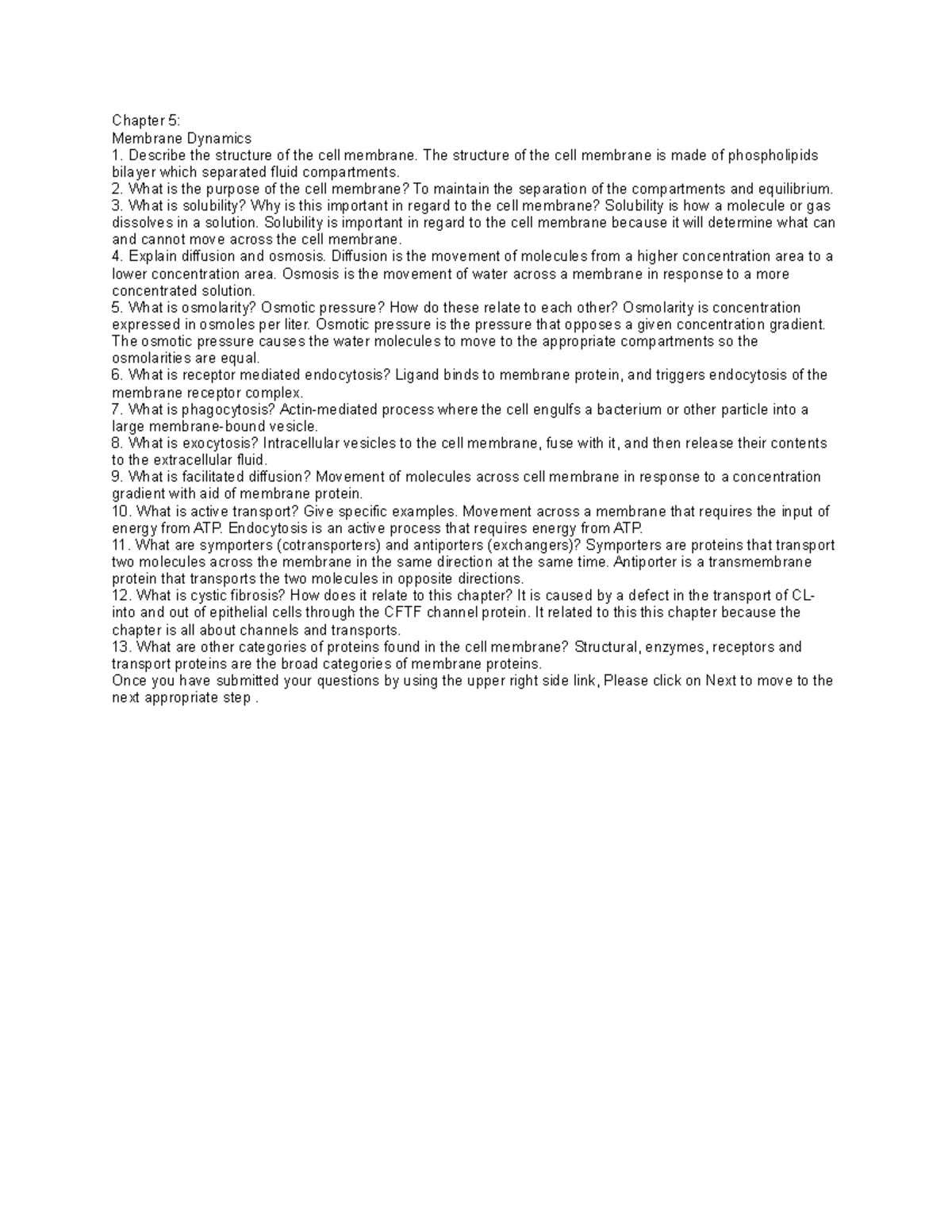 Chapter 5: Cell Membrane Dynamics Q&A Analysis - Studocu