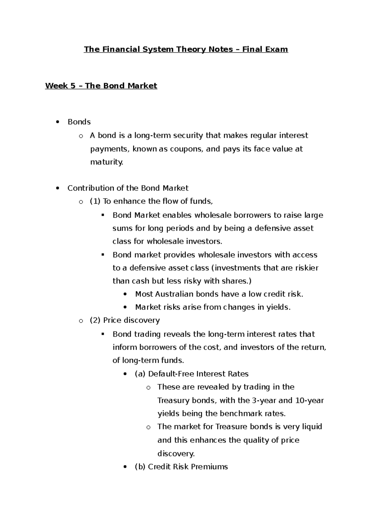 Financial System Theory Notes - FNCE3001 Final Exam Review - Studocu