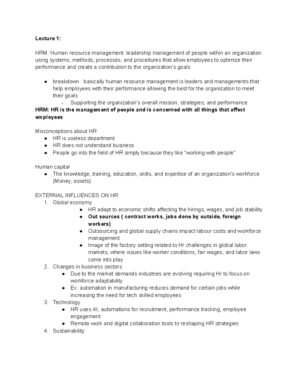 MHR 1-6 - Notes from lecture 1 to 6 - Lecture 1: HRM: Human resource ...