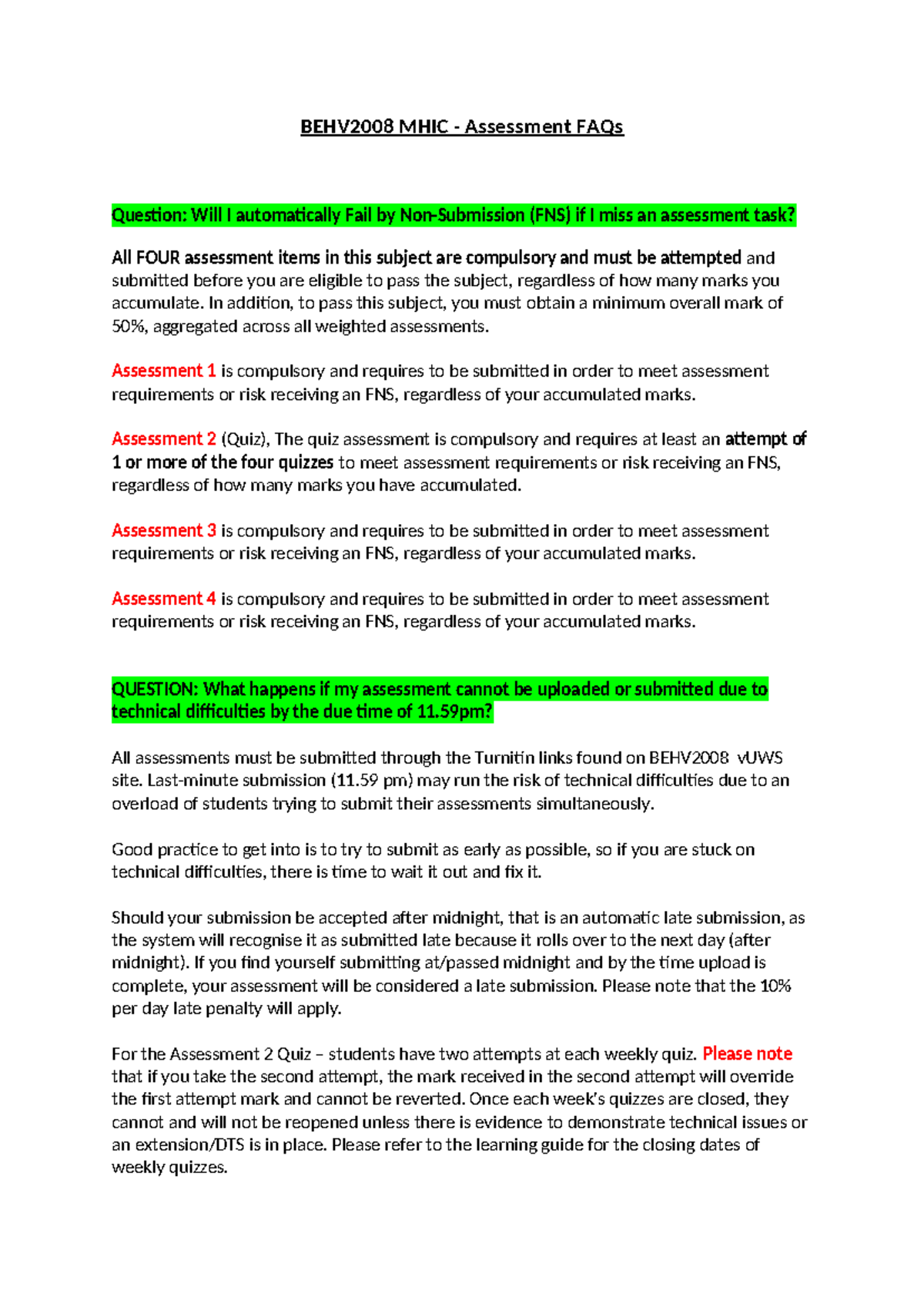 MHIC assessment FAQ(20) - BEHV2008 MHIC - Assessment FAQs Question ...