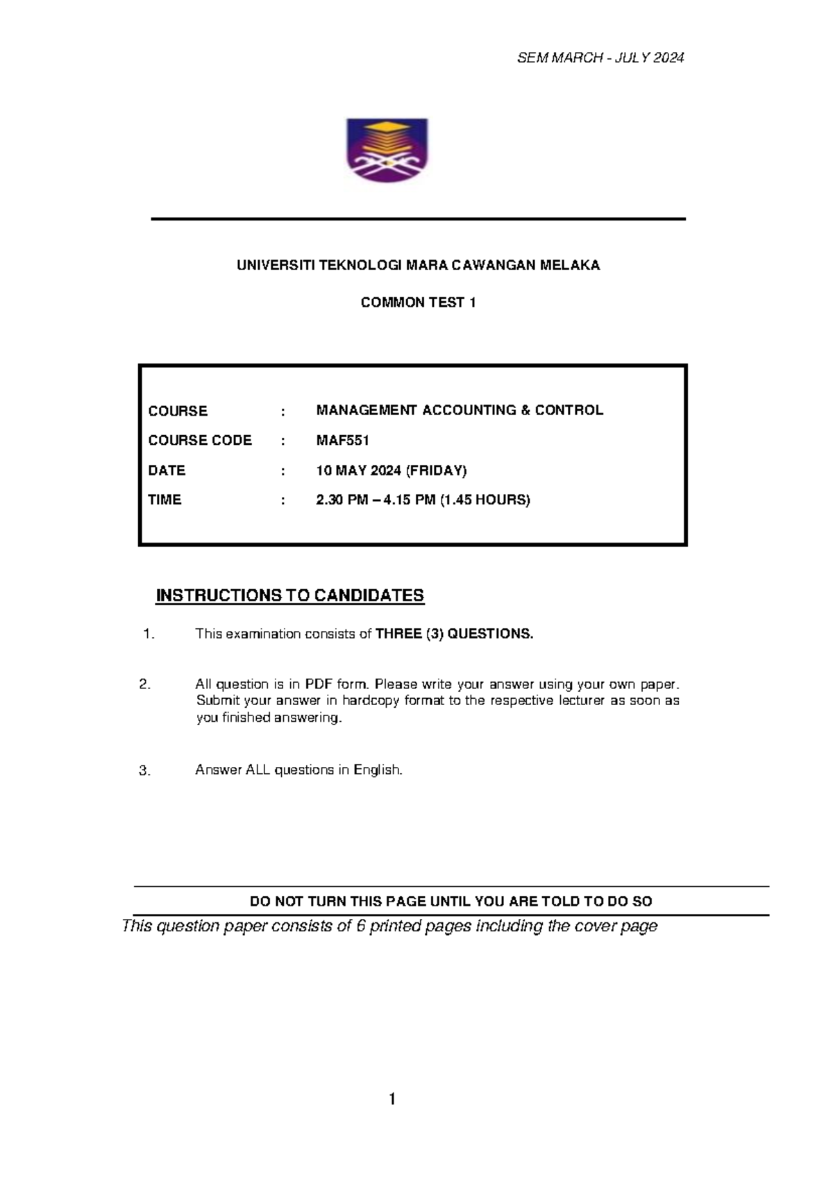 TEST 1 MAF551 MANAGEMENT ACCOUNTING CONTROL SEM March-July 2024 - Studocu