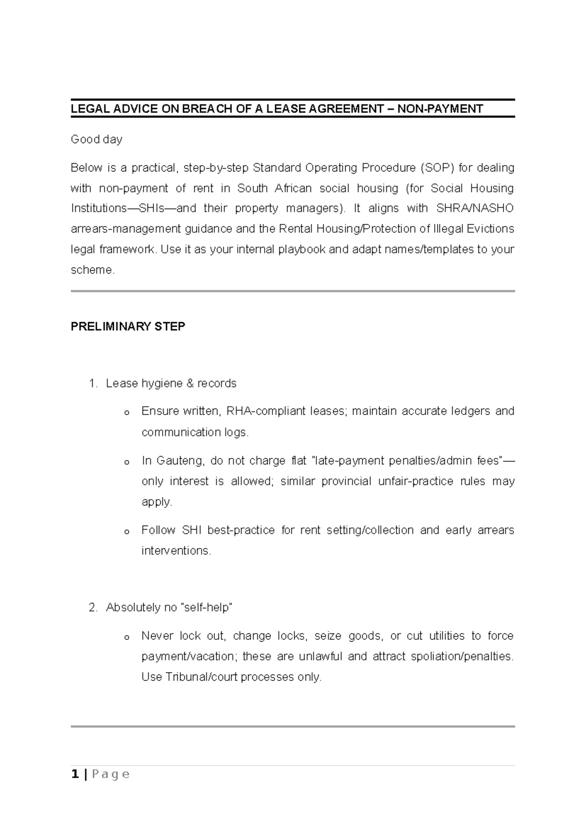 SOP for Handling Lease Breach in South African Social Housing - Studocu